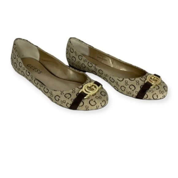 GUESS Claira Round Toe Ballet Flats Signature Logo Tan Brown Gold Textile Size 5 - Picture 2 of 11